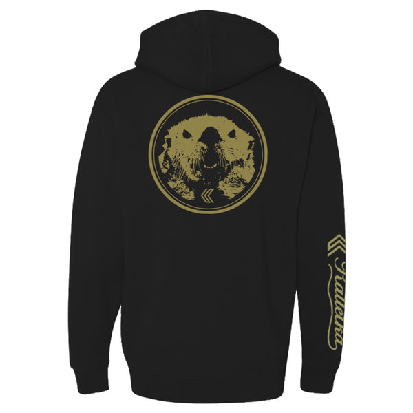 Kalletka Sea Otter Fleece Hood Sweatshirt. The Angry Otter with Original Artwork by Our Founder Featuring A Graphic of An Angry Sea Otter and A Cursive Sleeve