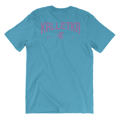 Kalletka Logo Arch Shirt in Aqua and Pink - Back View