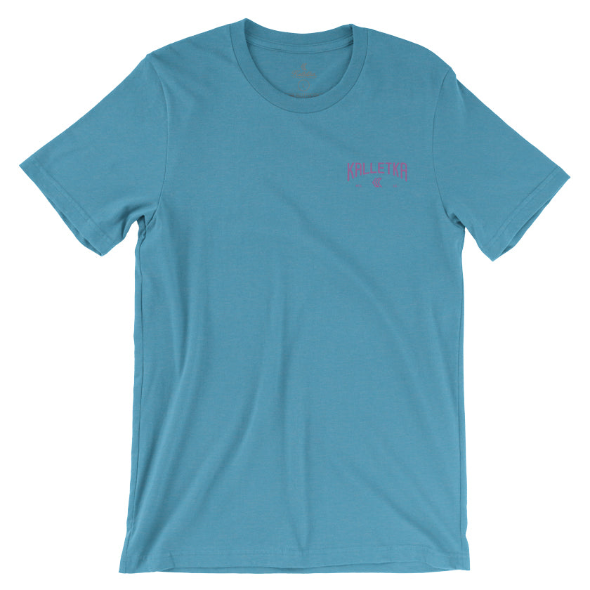 Kalletka Logo Arch Shirt in Aqua and Pink - Front View