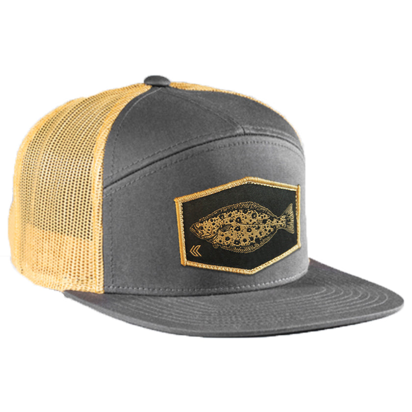 Halibut Patch Cotton 7 Panel Snapback ---Grey/Gold-Tan Patch