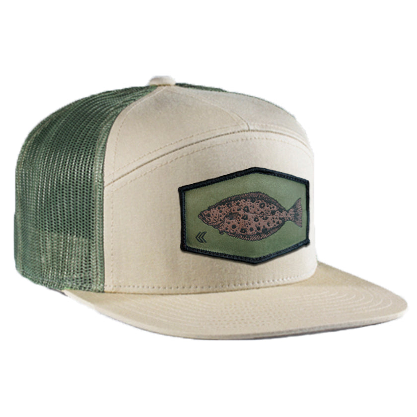 Halibut Patch Cotton 7 Panel Snapback ---Khaki/Moss-Olive Patch